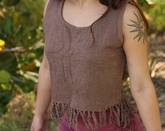 Woven Cotton Tribal Tassel Crop Top, Bohemian Festival Top, Hippie Boho Tank, Pixie Clothing