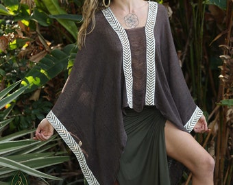 Bawełniany ponczo festiwalowy, kimono plemienne, narzutka boho, szal boho hippie, bluzka z długim rękawem