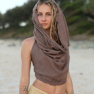 Festival Hood Top, Raw Cotton Backless Top, Inca Top, Tribal Hooded Top, Pixie Top, Fairy Top, Pixie Clothing, Hippie Top, Boho Top, Goa Light Brown