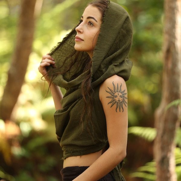 Pixie Hood Top, Raw Cotton Backless Top, Inca Top, Elven Top, Hooded Festival Top, Fairy Top, Pixie Clothing, Hippie Top, Boho Top, Goa Top