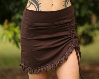Boho Cotton Stretch Mini Skirt, Festival Hippie Skirt, Pixie Rave Fairy Lace Trim Style