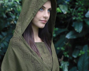 Boho Kapuzen Baumwollschal, Tribal Block Print, Festival Top, Hippie, Festival, Natur