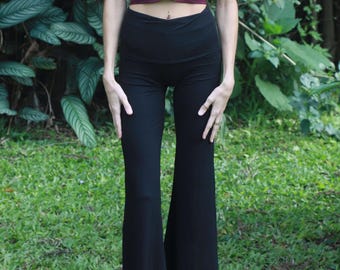 Leggings acampanados de talle alto, cinturilla doblada, pantalones de yoga estilo boho, ideales para festivales, ropa deportiva, entrenamientos y estilo hippie.