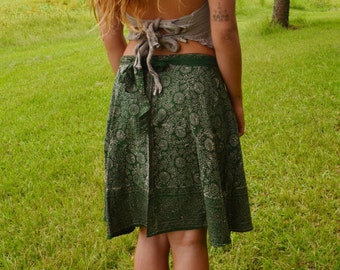 Wrap Skirt, Hand Blocked Wrap Skirt, Mini Skirt, Green Skirt, Bohemian Skirt, Long Cotton Skirt, Boho Skirt, Faerie Skirt, Hippie Skirt,