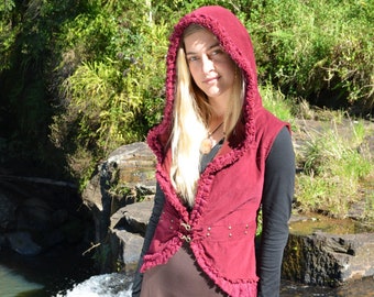 Kamizelka z kapturem z polaru Pixie, odzież na festiwalowe rave'y, odzież elficka w stylu steampunk, psytrance, jesień