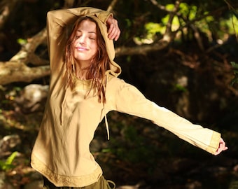 Top bohemio de encaje con capucha y manga larga, estilo hippie, ideal para festivales de yoga.