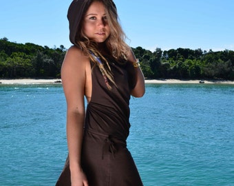 Pixie Hood Dress, Festival Fairy Boho Clothing, Natural Cotton Stretch Backless Mini