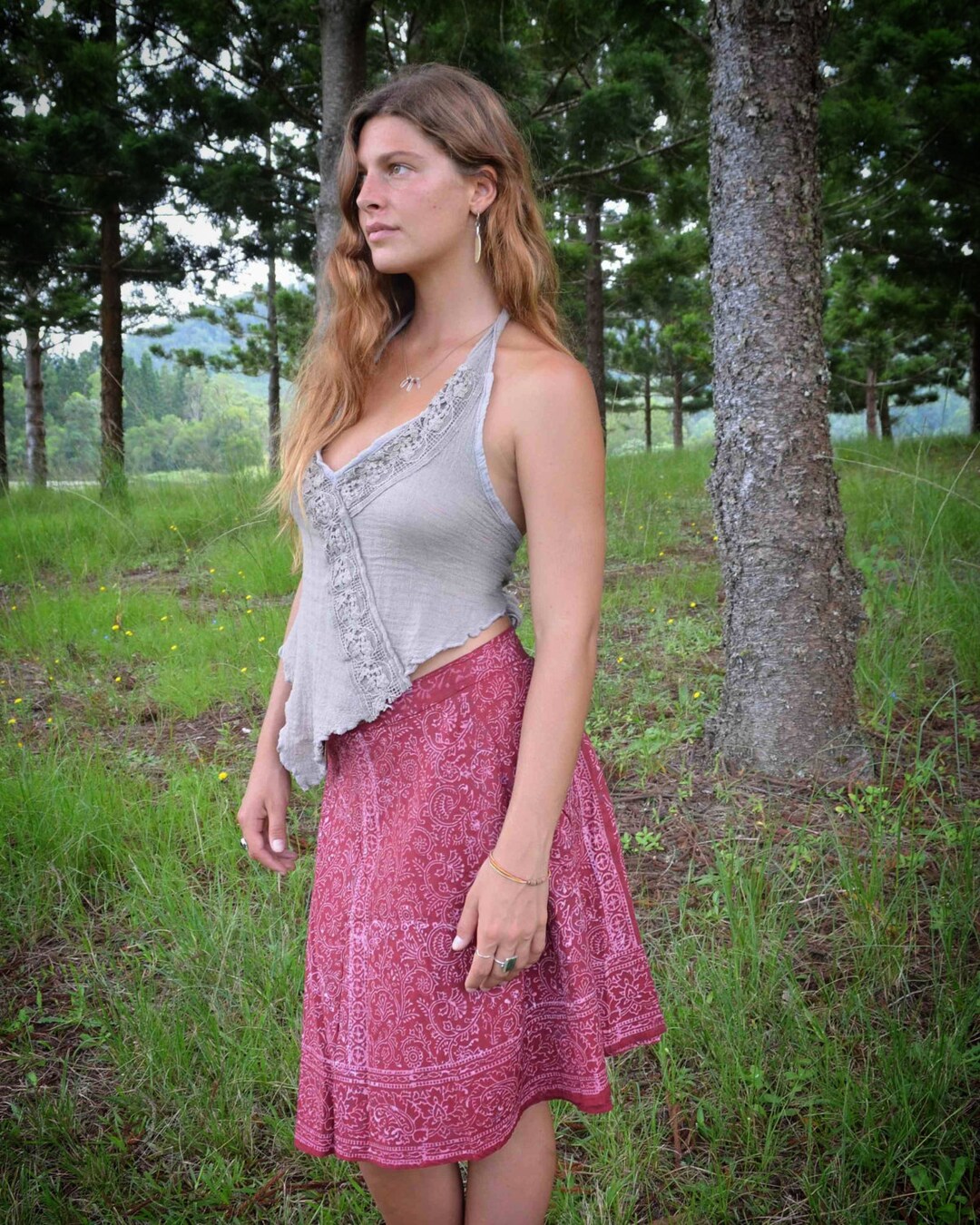 Hippie Clothing, Hand Blocked Wrap Skirt, Midi Skirt, Wrap Skirt