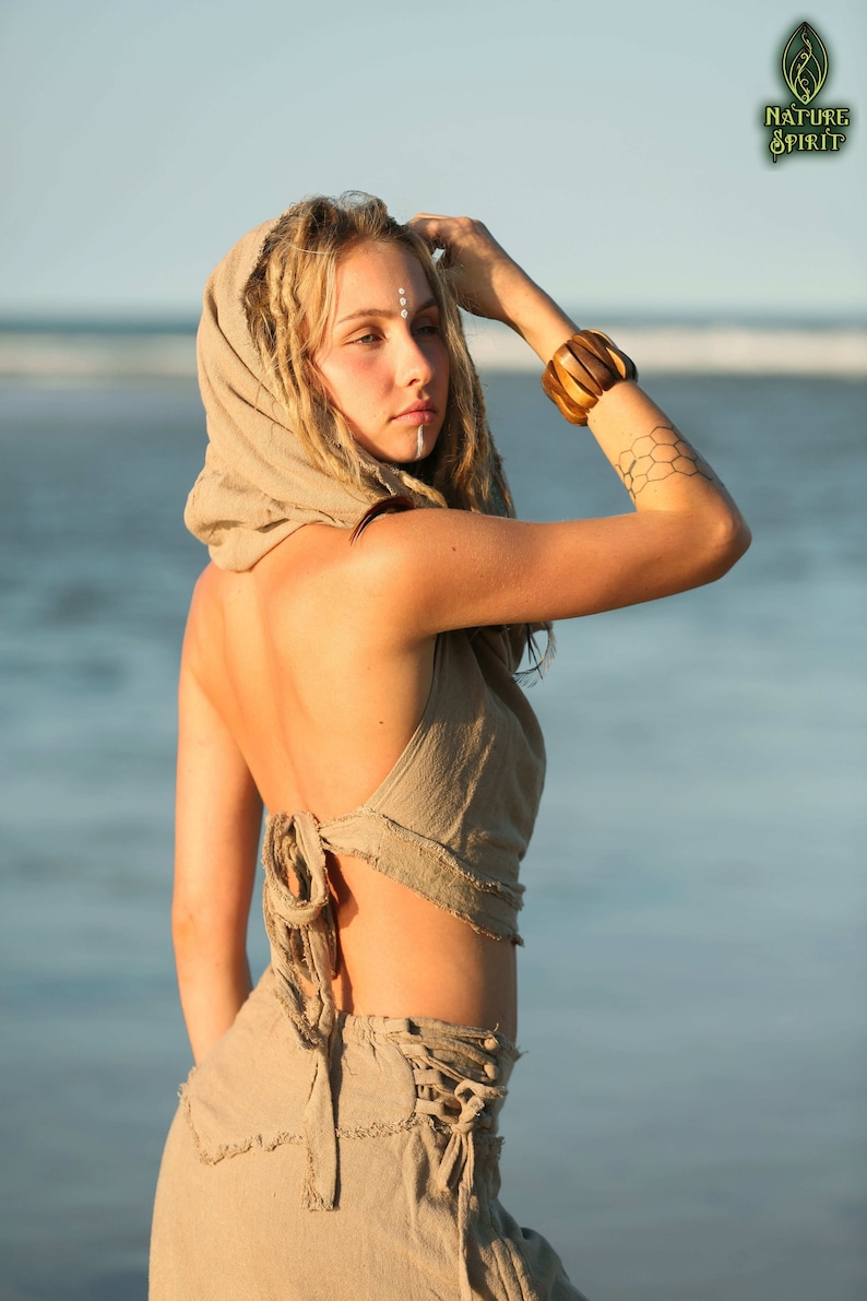 Festival Hood Top, Raw Cotton Backless Top, Inca Top, Tribal Hooded Top, Pixie Top, Fairy Top, Pixie Clothing, Hippie Top, Boho Top, Goa image 3