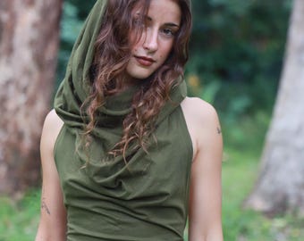 Boho Crop Top, Festival Hood Backless Pixie Style, Hippie Goa Fairy Rave Party Outfit