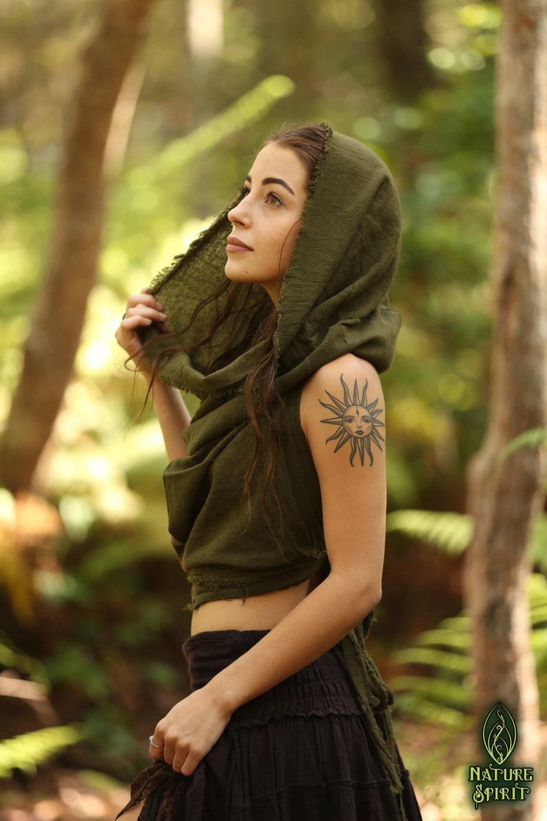 Festival Hood Top, Raw Cotton Backless Top, Inca Top, Tribal Hooded Top, Pixie Top, Fairy Top, Pixie Clothing, Hippie Top, Boho Top, Goa Green