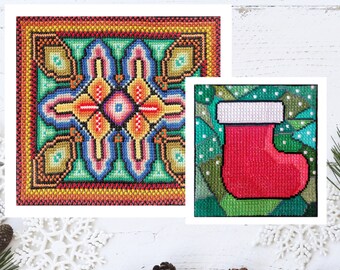 Double Cross Stitch PDF Pattern Set, Christmas Ornament, Country House (Digital Download)