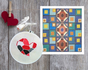 Mid Century Modern Cross Stitch Pattern, Abstract Heart Decor (PDF