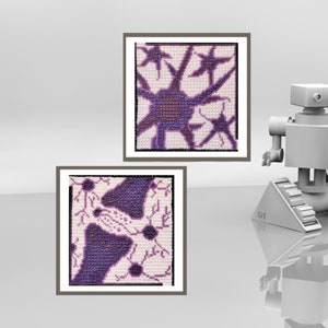 May include: Two framed cross-stitch artworks. The top artwork features a purple starburst design on a white background. The bottom artwork displays a purple abstract pattern with floral elements. Both are in brown frames.