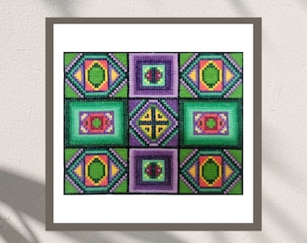 Precious Stones Geometric Cross Stitch Pattern PDF, Double Cross Stitch DIY Embroidery Bag, Easy Needlepoint, Mid Century Modern Embroidery