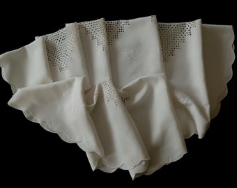 Vintage handmade tablecloth with geometric cutwork and embroidered flowers -- 59x56.5 inches / 150x143.5 cm