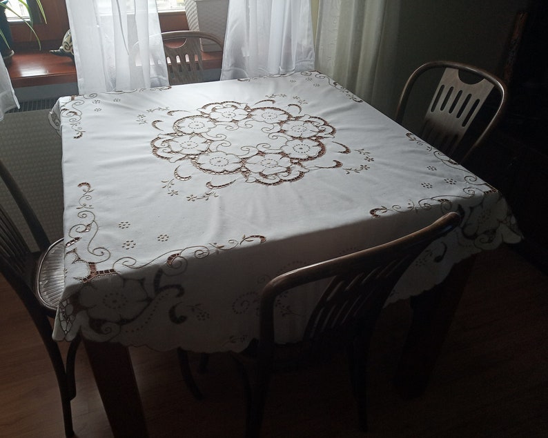 Vintage handmade round tablecloth cream tablecloth with Etsy