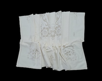 Vintage handmade tablecloth with embroidery and intricate cutwork -- 57x53.5 inches / 145x136 cm