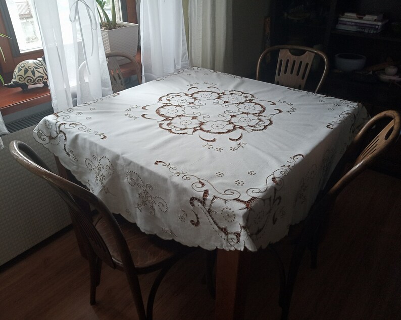 Vintage handmade round tablecloth cream tablecloth with Etsy
