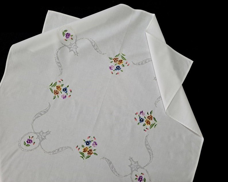 White Table Topper Vintage Handmade Table Topper -- White Topper With Hand-embroidered ...