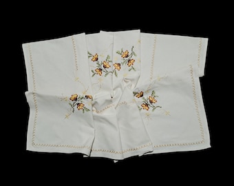 Vintage handmade square tablecloth with cross-stitched flowers -- 47x47 inches / 119.5x119.5 cm