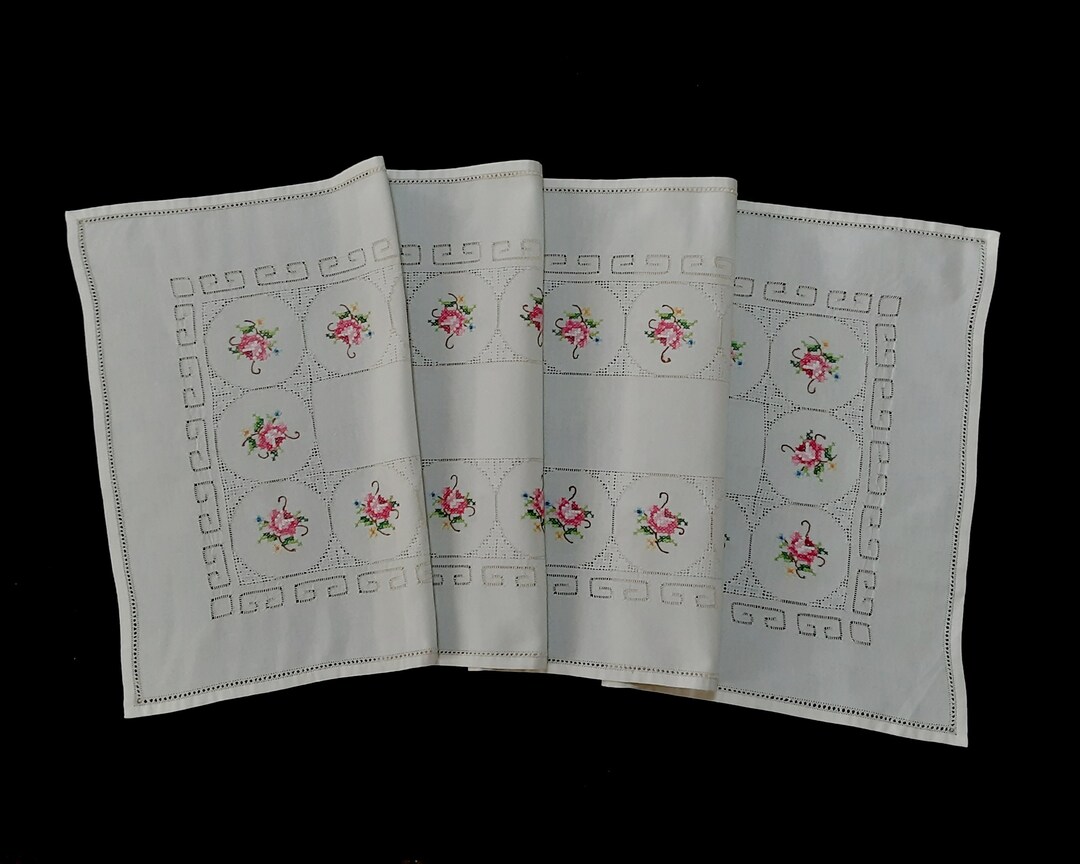 Vintage Handmade Crossstitched Table Runner Light Cream Runner With