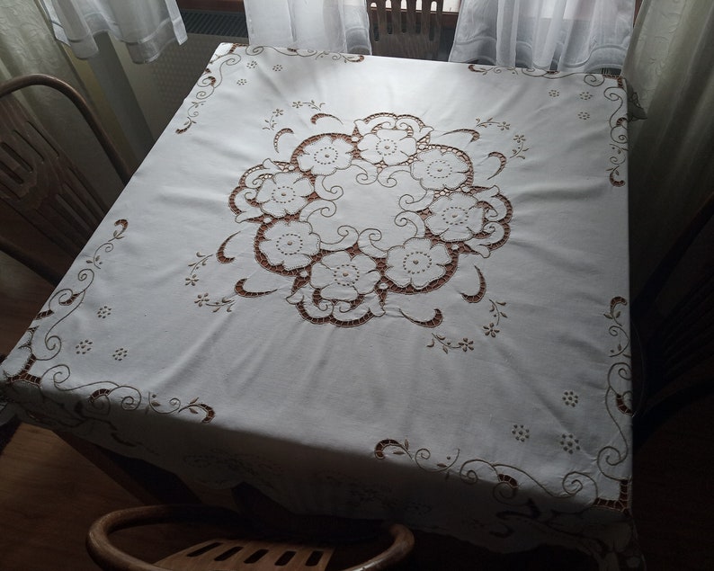 Vintage handmade round tablecloth cream tablecloth with Etsy