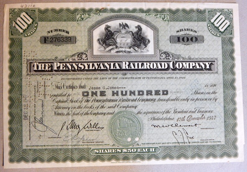 The Pennsylvania Railroad Company Stock Certificate 1940's Etsy