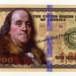 May include: A novelty one million dollar bill featuring a portrait of Benjamin Franklin. The bill has the text "THE UNITED STATES OF AMERICA" and "ONE MILLION DOLLARS". The bill also has the text "FULLYFREEFILMS.COM".