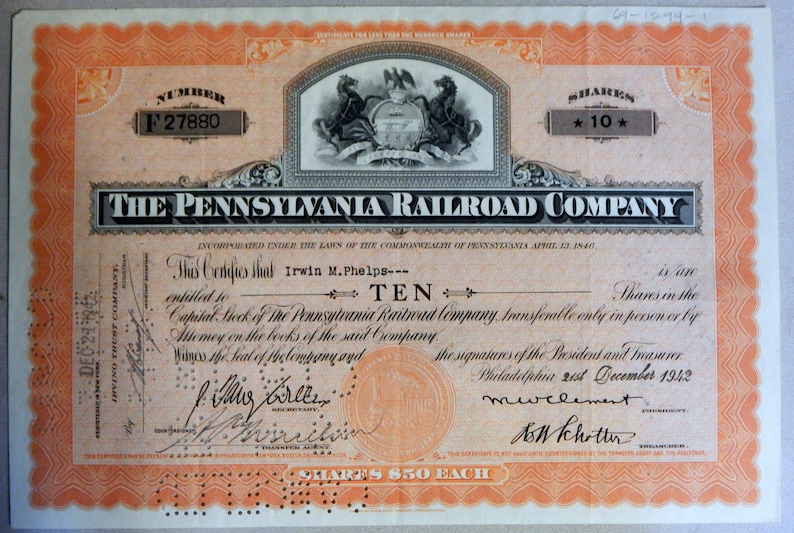 The Pennsylvania Railroad Company Stock Certificate 1940's Etsy