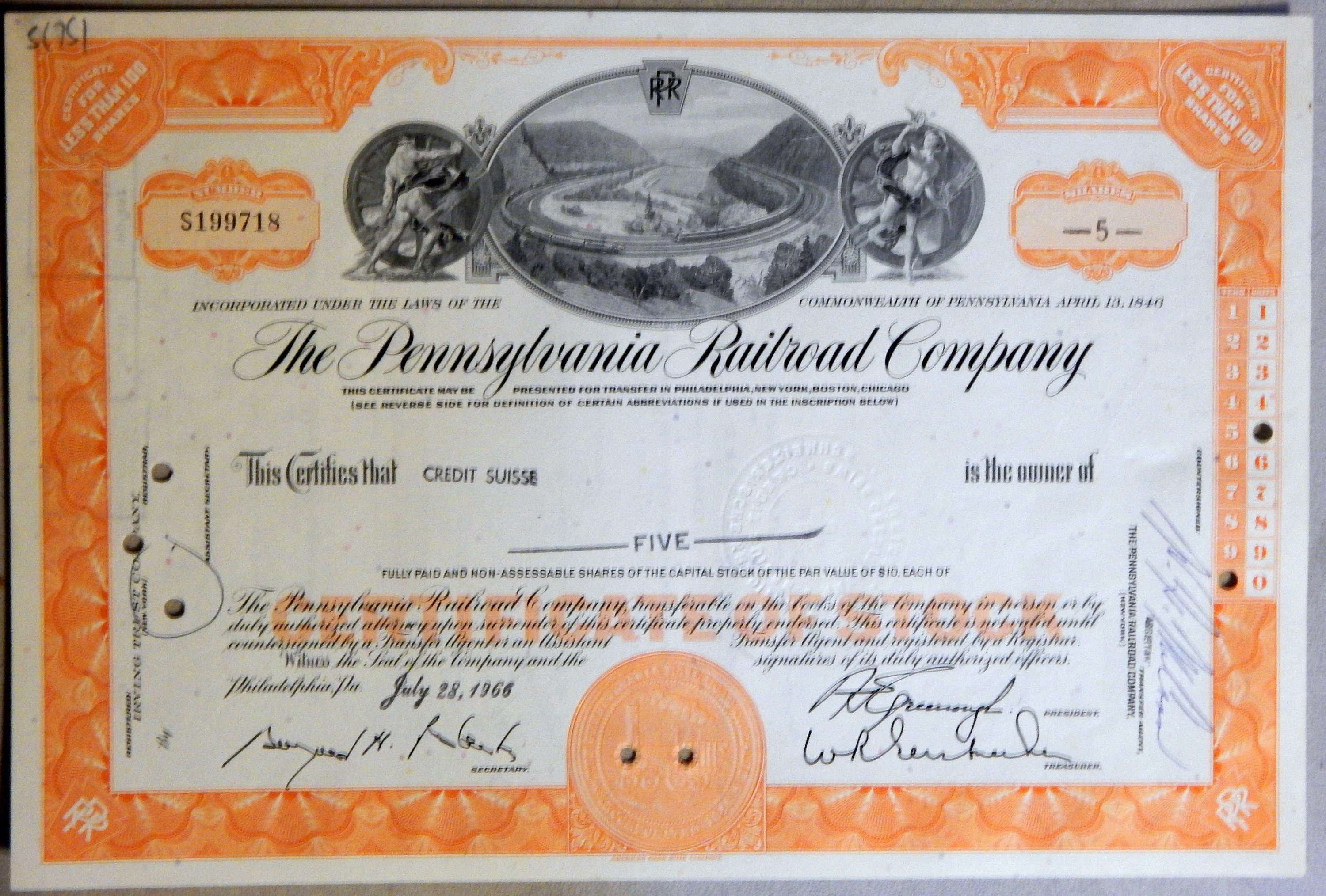 The Pennsylvania Railroad Company Stock Certificate 1960's Collectibles Art & Collectibles etna