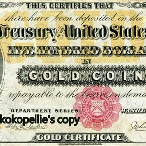 1882 *500 Dollar Gold Certificate * Free Shipping * MUST READ Etsy