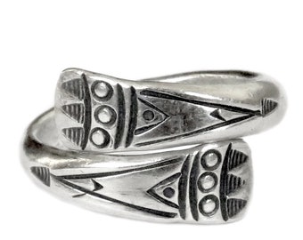 Handmade Sterling Silver Spiraling Wrap Ring, Ethnic Tribal Geometric Engraved Adjustable Wide Band Ring, Also as Thumb ring, Men or Women