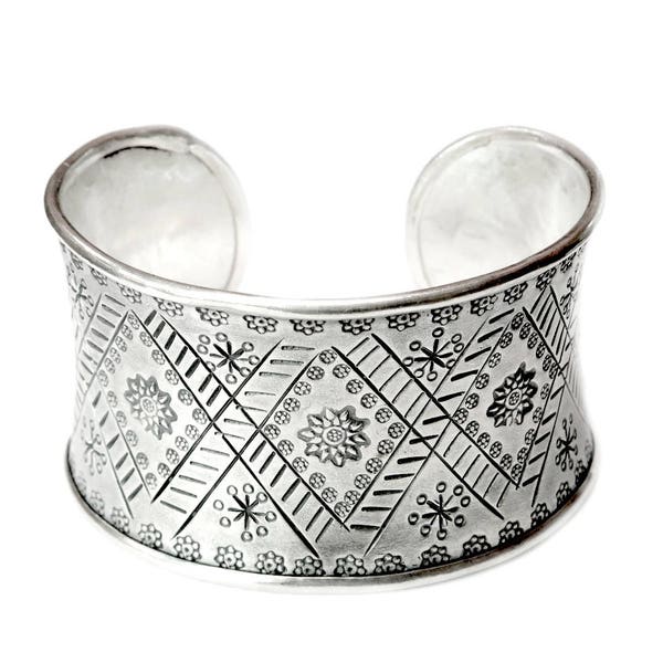 Sterling Silver Wide Cuff bracelet with Engraved Floral and geometric Ethnic Tribal Motifs Decoration, Gypsy boho Tribal Adjustable Cuff