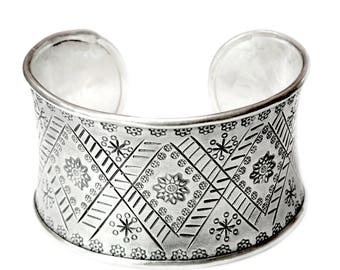 Sterling Silver Wide Cuff bracelet with Engraved Floral and geometric Ethnic Tribal Motifs Decoration, Gypsy boho Tribal Adjustable Cuff