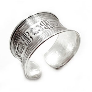 Sterling Silver Boho Staement Cuff Bracelet, Wide Cuff bangle with Elephants Engraving, Handmade Symbolic Tribal Ethnic Hippie Silver Cuff