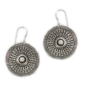Sterling Silver Mandala Dangle Boho Earrings, Handmade Geometric Engraved Round Disc Ethnic Hippie Statement Earrings, Gift for Her
