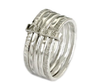 Hammered Sterling Silver interlocking Ring, Handmade 5 Linked Intertwined Stacking Rustic Textured Bundled rings set, Gift for Her or Him
