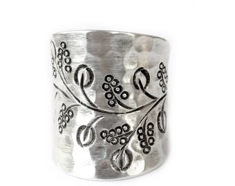 Sterling Silver Wide Band Hippie Boho Floral Ring, Hammered Engraved Silver Handmade Adjustable Cuff Statement Ring with Branch Engraving