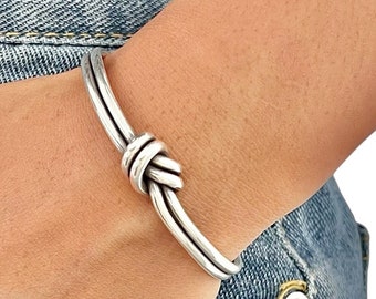 Handmade Sterling Silver Knot Cuff Bracelet, Minimalist Rustic Simple Tied Silver Wires, Adjustable Cuff, Gift for Her or Him