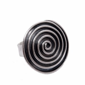 Sterling Silver Boho Black Ring, Handmade Round Statement Spiral on Black Oxidized Silver Disc Dome Hippie Tribal Ring, Gift for Her