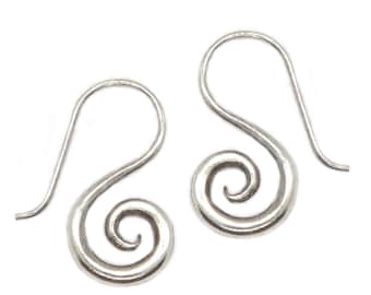 Sterling Silver Simple Spiral Earrings, Handmade Rustic Tribal Thick S-Shape Spiral with Hook Earrings, Light wight
