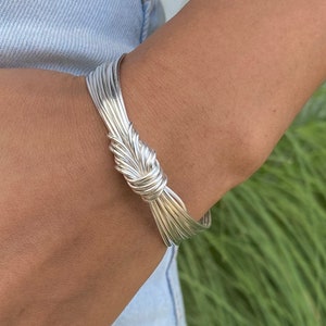 Handmade Sterling Silver Knot Cuff Bracelet, Tied White Silver Strings Minimalist Adjustable Cuff, Gift for Her