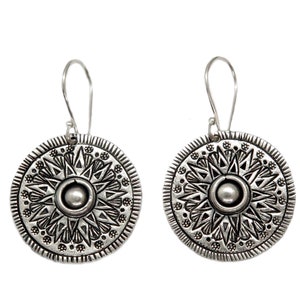 Sterling Silver Star Mandala Boho Earrings, Handmade Solar Sun Pattern Round Disc Ethnic Hippie Statement Dangle Earrings, Gift for Her