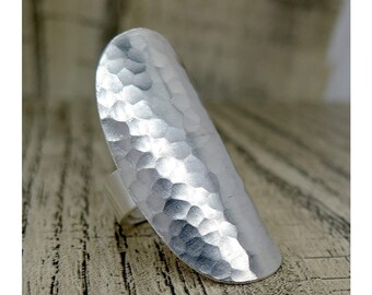 Hammered Shiny Sterling Silver Long Statement Ring, Handmade Boho Armor Ring, Water Texture Long Rounded Plate on Adjustable Band,  for her