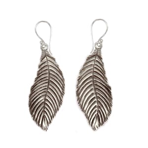 Sterling Silver Boho Feather Leaf Earrings, Handmade Large Long Ethnic Tribal Rustic Statement Leaves Earrings, Gift for Her