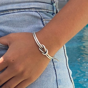 Handmade Sterling Knot Cuff Bracelet, Minimalist Rustic Simple two Silver Wires Reef Knot, Friendship Love Bracelet, Gift for Her or Him