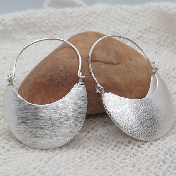 Sterling Silver Half Moon Statement Hoop Earrings, Handmade Large Elegant Boho Brushed Shiny Silver Crescent Hoops, Gift for Her