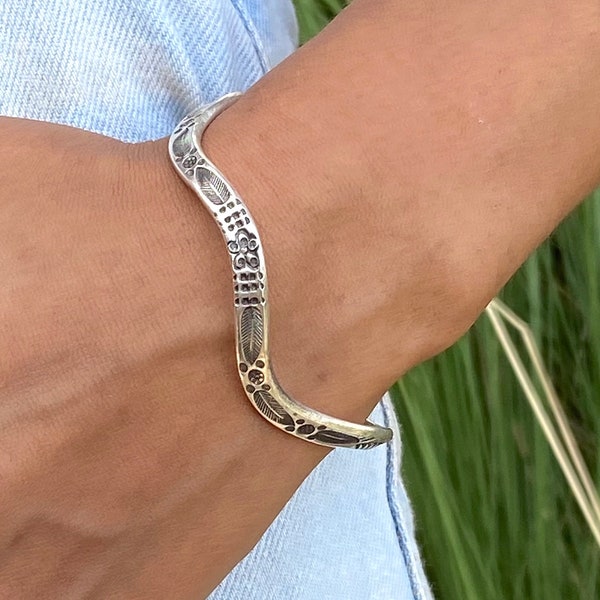 Sterling Silver Wavy Boho Hippie Cuff Bracelet, Handmade adjustable Solid Engraved Ethnic Silver Bangle for Women or Men