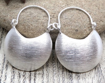 Sterling Silver Moon Hoops Earrings, Handmade Elegant Boho Brushed Silver Crescent Hoops earrings, Gift for Her